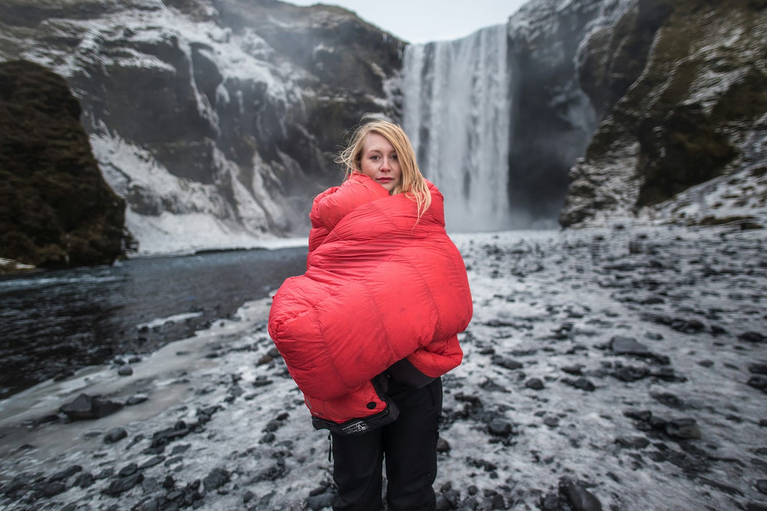 women wrapped in sleeping quilt